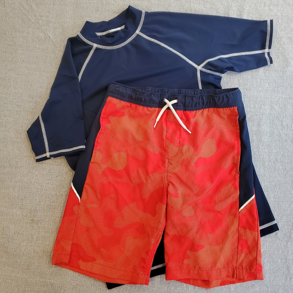 Lands End Swim Trunks Board Shorts Rash Gaurd Orange Navy M 10 12